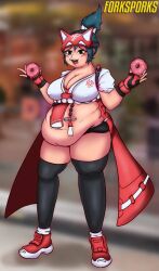 2d asian asian_female brown_eyes donut fat fat_fetish forksporks fox_ears fox_girl fox_mask foxgirl green_eyes holding_object kiriko_(overwatch) kitsune light-skinned_female overwatch overwatch_2 ponytail