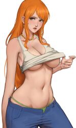 1girls breasts busty cleavage curvy female female_only jeans long_hair nami navel necklace one_piece orange_hair panties post-timeskip pplord solo sweat tank_top tank_top_lift tummy underboob