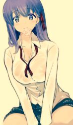 1girls big_breasts blush chest cleavage clothed condom condom_in_mouth condom_wrapper fate/stay_night fate_(series) female female_only hair_ribbon light-skinned_female long_hair looking_at_viewer matou_sakura nipples nipples_visible_through_clothing purple_hair see-through see-through_clothing sepia shirt smile solo tsukamori_shuuji uniform white_shirt