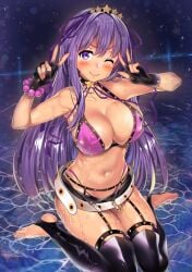 bangs bare_shoulders bb_(fate) bb_(fate)_(all) bb_(swimsuit_mooncancer)_(fate) bead_bracelet beads belt bikini black_gloves black_shorts black_thighhighs blush bracelet breasts cleavage collarbone dark-skinned_female dark_skin double_v fate/grand_order fate_(series) feet female female_only fingerless_gloves garter_belt garter_straps gloves hair_between_eyes hair_ribbon hand_gesture hands_up highres hip_focus jewelry kawai_(purplrpouni) large_breasts legs long_hair looking_at_viewer micro_shorts navel one_eye_closed purple_bikini purple_eyes purple_hair purple_ribbon purple_theme ribbon short_shorts shorts sitting smile solo swimsuit tan thighhighs thighs tiara toeless_legwear v w water wet white_belt