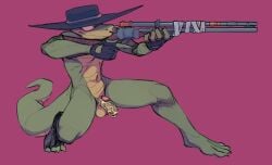 balls chastity_cage crouching gun mightyworld nude penis posing_with_weapon ranged_weapon reptile_humanoid scalie solo