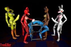 3d 4k blowjob bondage bonnie_(fnaf) breasts chica_(fnaf) dark_environment deepthroat equine_penis erection five_nights_at_freddy's foxy_(fnaf) freddy_(fnaf) frederika_(fnaf) freekiller futanari gangrape grabbing_breasts hi_res holding_head holding_penis looking_down mangle_(fnaf) masturbating naked rope sex sfm standing_in_line tied_to_chair tied_up tongue tongue_out