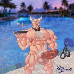 balls bandai_namco bara big_balls big_nipples big_penis boner bowtie disembodied_hand drinks erection facial_hair gay hairy heihachi_mishima male male_only moustache muscles muscular penis rosarium silver_hair tekken tray