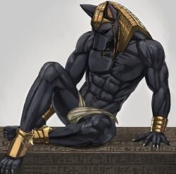 2022 abs anthro anubian_jackal anubis armor black_body black_ears black_head bracers bulge canid canine canis claws closed_eyes clothed clothing deity egyptian_mythology genital_outline headdress inubikko jackal looking_down male mammal middle_eastern_mythology muscular muscular_anthro muscular_male mythology navel pecs penis_outline sad simple_background sitting skimpy solo underwear