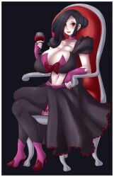 1girls bangs black_hair blush breasts chair cleavage commission dress female heels huge_breasts jcdr medium_hair navel open_mouth plunging_neckline red_eyes sitting smile solo vampire
