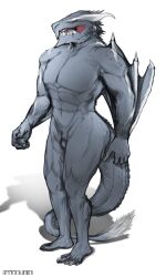 arm_wings band1tnsfw claws digital_art digital_drawing_(artwork) digital_media_(artwork) fangs grey_scales hi_res horns large_teeth long_tail male_focus male_only muscular muscular_anthro muscular_male neutral_expression no_humans nude overbite portrait silver_scales spiked_back spiked_tail spikes standing toe_claws white_stripes winged_arms wyvern