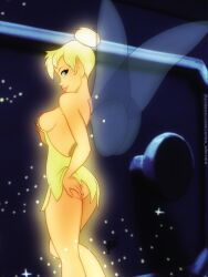 1girls areolae ass blonde_hair blue_eyes breasts bubble_butt disney disney_fairies exposed_breasts fairy fairy_wings female female_only hairbun japes large_breasts looking_at_viewer looking_back nipples peter_pan_(disney) pixie_dust pointy_ears sideboob solo solo_female tinker_bell