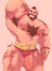 1boy arm_up armpit armpit_hair balls bara barayot beard big_balls big_penis capcom chest_hair clothed clothing facial_hair gay male male_only muscles muscular penis penis_out penis_through_leghole scars scars_all_over solo solo_male street_fighter zangief