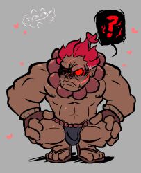 akuma balls bara bead_necklace blush bulge capcom dark-skinned_male dark_skin flaccid fundoshi fundoshi_only gay male male_only muscles muscular penis red_hair solo solo_male spread_legs squatting street_fighter torquewintress