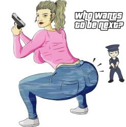 1boy 1girls artist_request ass clothed female female_focus grand_theft_auto grand_theft_auto_vi gun hispanic latina lucia_(gta) police police_uniform puerto_rican rockstar_games thick