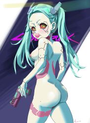 ass blowing_bubblegum breasts casual cyberpunk:_edgerunners cyberpunk_2077 female female_only firearm green_eyes gum gun handgun human jielijyo light_blue_hair looking_back pale_skin rebecca_(edgerunners) red_sclera sideboob solo twintails weapon