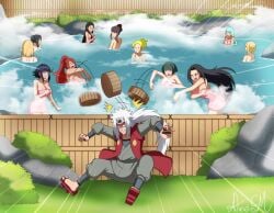 10girls 1boy 2022 6+girls alinesm angry annoyed bathing black_hair blonde_hair bucket caught caught_in_the_act covering covering_self embarrassed functionally_nude functionally_nude_female funny furious green_hair hot_spring hyuuga_hinata hyuuga_hinata(genin) irritated jiraiya kunoichi legendary_sannin multiple_females multiple_girls naked naruto naruto_(classic) naruto_(series) naruto_shippuden ninja onsen original_characters partially_submerged peeping pervert purple_hair screaming shared_bathing shinobi shounen_jump spying tagme throwing throwing_object towel towel_only uzumaki_kushina white_hair wooden_fence