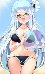 beach big_breasts bikini bimmy blue_eyes blue_hair cleavage front_view glasses hair_ornament holding_object light-skinned_female long_hair looking_at_viewer neptunia_(series) open_mouth rei_ryghts solo thighs