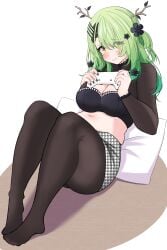 ceres_fauna clothed clothing controller cute female_only gaming_controller green_hair hair_over_one_eye highres hololive hololive_english hololive_english_-council- hololive_english_-promise- pillow solo virtual_youtuber