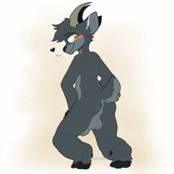 1:1 anthro anus ass backsack balls bedroom_eyes billy_brocas bovid caprine cheek_tuft chin_tuft crouching curved_horn dewclaw_hooves erection facial_tuft fur genitals goat grey_body grey_fur half-closed_eyes heart hi_res hooves horizontal_pupils horn humanoid_genitalia humanoid_penis inviting looking_at_viewer looking_back male mammal narrowed_eyes nude penis perineum presenting presenting_anus presenting_balls presenting_hindquarters pupils seductive simple_background sinnerscasino smile smirk smug smug_face solo tuft white_background