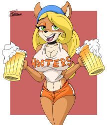 activision alcohol anthro anthro_only bandicoot beer beverage big_breasts breasts coco_bandicoot crash_(series) female fur hair hair_down hi_res hooters hooters_uniform long_hair mammal marsupial midriff reymonrr solo video_games waiter