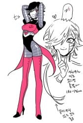 2d ambiguous_gender black_hair boots femboy ghost hair_over_one_eye heart heels high_heel_boots high_heels mettaton mettaton_ex pink_boots pink_heels robot robot_humanoid robot_joints short_hair smile solo tagme tall undertale undertale_(series) unknown_artist