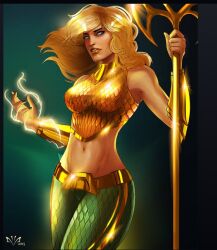 1girls anna_curry aquaman aquaman_(series) aquawoman arkenstellar blonde_hair dc dc_comics electricity female female_only hips light-skinned_female rule_63 solo superheroine trident wide_hips