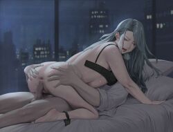 1boy anus ass barefoot black_bra black_panties bra breasts censored city closed_eyes cowgirl_position faceless faceless_male feet female grey_hair highres indoors janggun jeneral legs long_hair mosaic_censoring night on_bed open_mouth panties panties_around_one_leg penis persona persona_5 pussy sae_niijima sex sideboob spread_anus spread_pussy straddling underwear vaginal_penetration