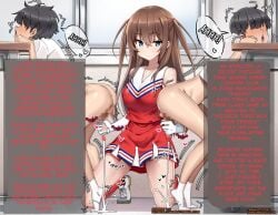 1girls 2boys black_hair blue_eyes blush bondage brown_hair cheerleader domestication english_text female femdom gloved_handjob gloves hagakure-kurage_(79g) handjob highres indoors light-skinned_female light-skinned_male light_skin long_hair masochism milking_handjob mmf_threesome multiple_boys open_mouth original rubber_gloves sadism short_hair speech_bubble text threesome translated