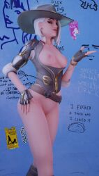 3d 3d_(artwork) ashe_(overwatch) bathroom_stall bottomless exposed_breasts exposed_pussy female female_only gloves graffiti hand_on_hip hat human overwatch red_eyes solo solo_female typhslut_(editor) white_hair