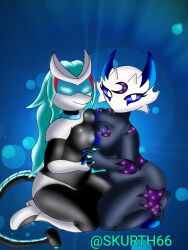 2girls black_skin blue_nipples female hollow_knight insects luna_(skur) multiple_girls naked nude nude_female oc original_character robot_girl skurth66 zatrina_the_robot