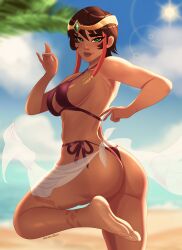 1girls ass ass_cleavage autumn_ghost beach beach_towel big_ass big_butt bikini breasts butt_crack clothed clothing dark-skinned_female female female_only karma_(league_of_legends) league_of_legends mostly_nude pool_party_series short_hair solo