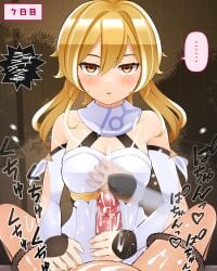 1boy 1girls blonde_hair blush cum femdom genshin_impact glare handjob hoshizora_inku lumine_(genshin_impact) pov