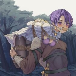 1boy arms_tied_behind_back bit_gag bondage bound_ankles bound_legs bound_wrists callujy carrying_over_shoulder female gag gagged kidnapping klose_rinz legend_of_heroes looking_at_viewer purple_eyes purple_hair unseen_male_face