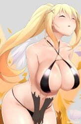 bangs bare_shoulders bikini black_bikini blonde_hair blush breasts cleavage closed_eyes collarbone darkness_(konosuba) elbow_gloves female gloves grey_gloves halterneck highres jam_pentail jampen kono_subarashii_sekai_ni_shukufuku_wo! large_breasts long_hair navel open_mouth ponytail sidelocks solo swimsuit thighs