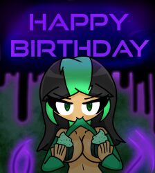 big_boobs big_breasts birthday birthday_sex black_hair covered_nipples cupcake dark_background dark_energy eyelashes green_eyes green_hair hiding_breasts holding_object lifting_shirt long_hair long_sleeves luna_(shadst3r) seductive seductive_look shadster(@shadst3r) shirt_pull tagme text