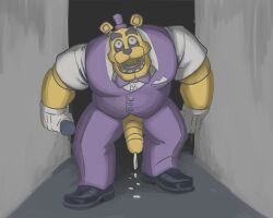 2022 animatronic anthro bara bodily_fluids bottomwear bow_tie clothed clothing creepy digital_media_(artwork) dripping eyebrows five_nights_at_freddy's footwear fredbear_(fnaf) fully_clothed genital_fluids genitals gloves handwear hat headgear headwear holding_microphone holding_object humanoid_genitalia humanoid_penis leafghost looking_at_viewer machine male male_only mammal microphone open_mouth pants penis penis_through_fly poking_out precum precum_drip precum_on_ground robot scary scottgames shirt shoes solo topwear ursid vest video_games