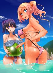 10s 2girls 3boys :d ball beachball bikini black_hair blue_bikini blue_eyes breasts bulge cleavage covered_erect_nipples futanari hair_ornament hairclip large_breasts long_hair multiple_boys multiple_girls musashino_takumi open_mouth orange_hair original pink_bikini pink_hair ponytail purple_eyes purple_hair shindou_l shiny shiny_skin shogahara_anri sideboob smile swimsuit tan tanline teeth tongue tsf_monogatari