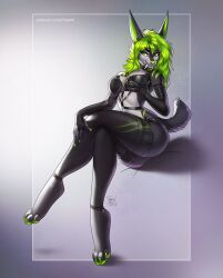 2020 4_toes 5_fingers anthro ass ass_focus big_ass big_breasts breast_hold breasts canid canine digital_media_(artwork) feet female fingers green_eyes green_hair green_nose hair long_hair mammal simple_background sitting solo toes vex_(alibiwolf) yasmil