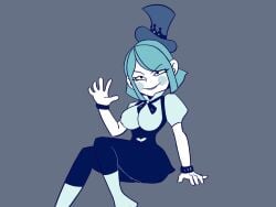 animated blue_hair bracelet dress exhibitionism fake_type grin heels horns music_(culture) mv_character one_breast_out pale_skin princess♂️ siphoncy top_hat tophamhatkyo