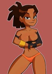 animated arms_crossed baskup bottomless dreadlocks female hand_on_hip large_breasts mia_rodriguez siphoncy smile solo tan_skin