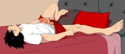 1boy barefoot big_feet black_hair erection feet haikyuu!! kuroo_tetsurou male male_only masturbation no_shoes no_socks on_back on_bed penis pubic_hair solo spread_legs