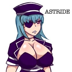 1girls big_breasts blue_hair dominatrix eyepatch femdom girl_beats_hero man_o_hentai plain_background uniform warden