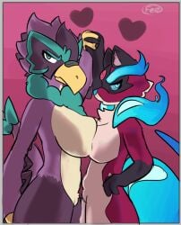 aohi_(temtem) avian bird breasts canid canine crema_(company) duo female female/female ferrissimulator fox hand_holding looking_at_viewer mammal tagme temtem temtem_(species) video_games volarend_(temtem)