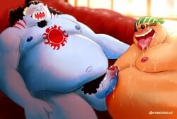 2022 2boys anthro balls belly big_belly blue_body boner closed_eyes dober duo erection fish-men_(one_piece) gay genitals hi_res human jinbe lucky_roux male male/male male_only mammal marine moobs nipples nude obese obese_male one_piece overweight overweight_male penis tongue tongue_out yaoi