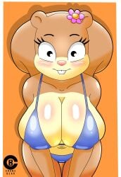 absurd_res anthro big_breasts bikini breasts brown_body brown_skin cheeks clothing cranebear embarrassed female female/female female_focus female_only furry hi_res looking_at_viewer mammal nickelodeon rodent sandy_cheeks sciurid simple_background smooth_skin solo spongebob_squarepants swimwear white_eyes