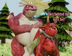 2022 3d_(artwork) albalbalb anthro belly big_penis carriage crossed_arms demon devil_(giana_sisters) digital_media_(artwork) dragon duo english_text erection fir_tree genitals giana_sisters grass grin gurglewocky_(giana_sisters) huge_cock humanoid hyper hyper_genitalia hyper_penis jewelry looking_down looking_down_at_partner male male/male navel necklace nipples penis plant red_body red_skin scalie scared size_difference small_wings smile standing text wings