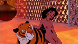 aladdin big_breasts black_hair breasts breasts_out brown-skinned_female brown_eyes brown_skin champelli completely_nude completely_nude_female dark_nipples dark_skin dark_skinned_female disney disney_princess islamic_architecture jewelry looking_at_viewer middle_eastern middle_eastern_clothing middle_eastern_female naked persian_female princess_jasmine pussy pussy_slit royalty screenshot screenshot_edit seductive_look solo_female teenage_girl teenager tiger vagina