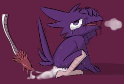 after_sex ambiguous_gender anthro avian bird_d bodily_fluids breath_cloud bubble cel_shading crouching crying cum drooling excessive_cum excessive_genital_fluids feather_hands feathers genital_fluids genitals hi_res machine_penetrating open_mouth penile_spines penis purple_body purple_eyes saliva shaded shaking snot snot_bubble solo sweat tears tongue yiff_01