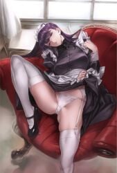 apron black_footwear black_hair breasts clothes_lift couch crotch_seam female garter_belt garter_straps gluteal_fold head_tilt highres indoors juliet_sleeves komi-san_wa_komyushou_desu komi_shouko large_breasts lifted_by_self light-skinned_female long_hair long_legs long_sleeves maid maid_headdress maid_uniform mary_janes nishieda pale-skinned_female panties parted_lips photoshop_(medium) puffy_sleeves shoes sitting skirt skirt_lift solo solo_female spread_legs thighhighs underwear victorian_maid waist_apron white_panties white_thighhighs