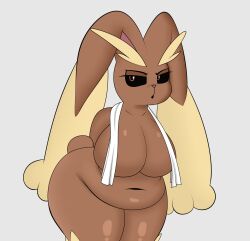 anthro anthrofied big_breasts blitzy_flair breasts chubby chubby_bunny chubby_female female fur furry furry_only large_breasts lopunny muffin_top navel nintendo overweight overweight_female pokémon_(species) pokemon pokemon_(species) tail thick_thighs towel towel_around_neck