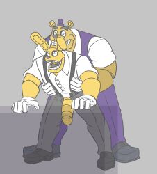 2022 absurd_res anal anal_sex animatronic anthro anthro_on_anthro anthro_penetrated anthro_penetrating anthro_penetrating_anthro bara bent_over big_penis bottomwear clothed clothed_sex clothing digital_media_(artwork) duo endoskeleton eyebrows five_nights_at_freddy's footwear fredbear_(fnaf) fully_clothed fur genitals gloves grey_background hands_on_sides handwear hat headgear headwear hi_res humanoid_genitalia humanoid_penis lagomorph leafghost leporid machine male male/male male_only male_penetrated male_penetrating male_penetrating_male mammal open_mouth pants penetration penile penile_penetration penis penis_in_ass penis_through_fly poking_out rabbit robot scottgames sex shirt shoes simple_background smile spring_bonnie spring_bonnie_(fnaf) suspenders teeth topwear ursid vest video_games yellow_body yellow_fur