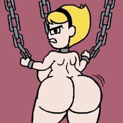 1girls angry back_view backboob blonde_hair bubble_butt cartoon_network chained chained_collar chained_up chained_wrists chains d:< female female_only ftrashpickle headband huge_ass light-skinned_female mandy_(billy_and_mandy) motion_lines nude purple_background solo solo_female the_grim_adventures_of_billy_and_mandy