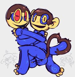 2boys alien ambiguous_gender ass brown_hair cuntboy cuntboy_only dave_and_bambi_mod dingaling_(golden_apple) dingle_(fnf) donk fluffy fluffy_ears fluffy_tail heart hug hugging looking_at_viewer love male monkey pussy self selfcest simian smile smiling thighs yellow_skin