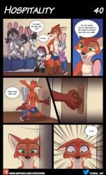 2022 annabelle_hopps_(siroc) anthro areola breasts canid canine catherine_hopps_(siroc) clothed clothing comic disney edith_hopps_(siroc) english_text fan_character female fox genitals group hi_res hospitality_(comic) judy_hopps lagomorph leporid male mammal medium_breasts nick_wilde nipples nude page_40 pussy rabbit rosaline_hopps_(siroc) shorts siroc speech_bubble stockings teresa_hopps_(siroc) text zootopia